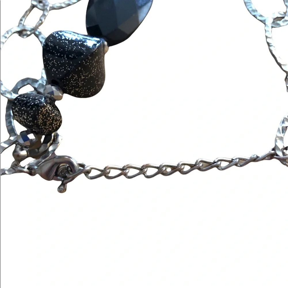 Glam Goth Disco Silver Black Chunky‎ Glitter Beaded Double Chain Necklace
